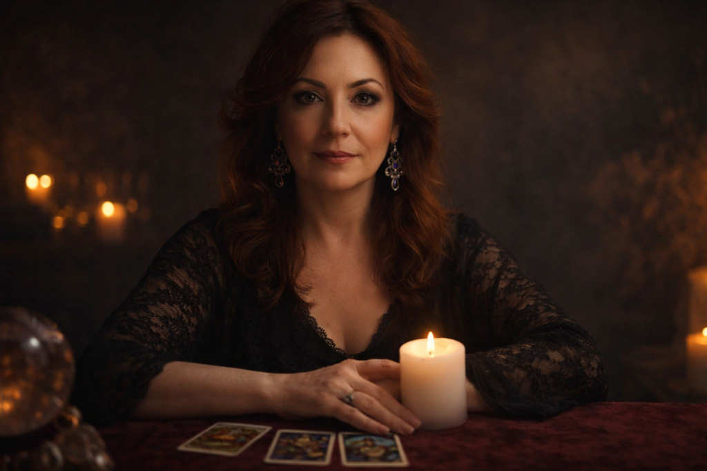 Tarotista Coral realizando consulta de tarot con cartas y vela, tarot telefónico 24 horas